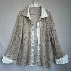 All Over Sequined Knit Evening Jacket Lace Pattern Satin Collar and Cuffs Formal